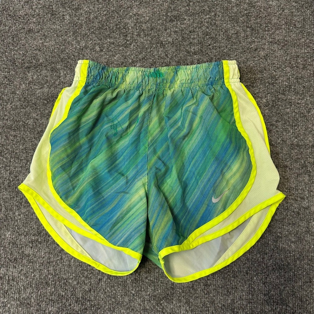 Nike Athletic Shorts Womens XS Green Yellow Abstract Dri-Fit Running Mesh Liner